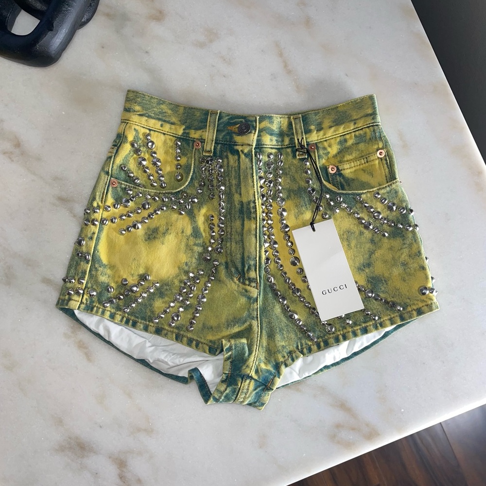 Gucci Washed Studded And Tiger Embroidered Denim Shorts in Green/Yellow - Picture 3 of 13